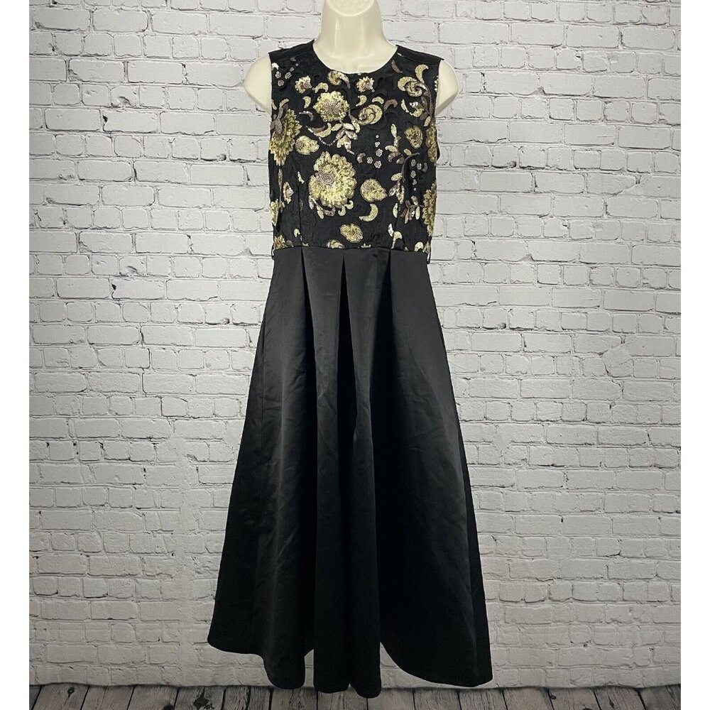 Closet London Black Gold Sequin Fit & Flare Maxi Zipped Pockets Dress Size 8